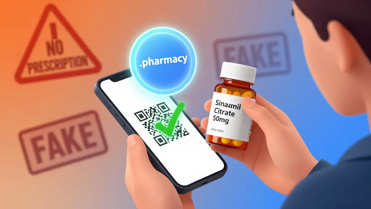 Person scanning a pill bottle's QR code with a verification checkmark, surrounded by trusted pharmacy seals.