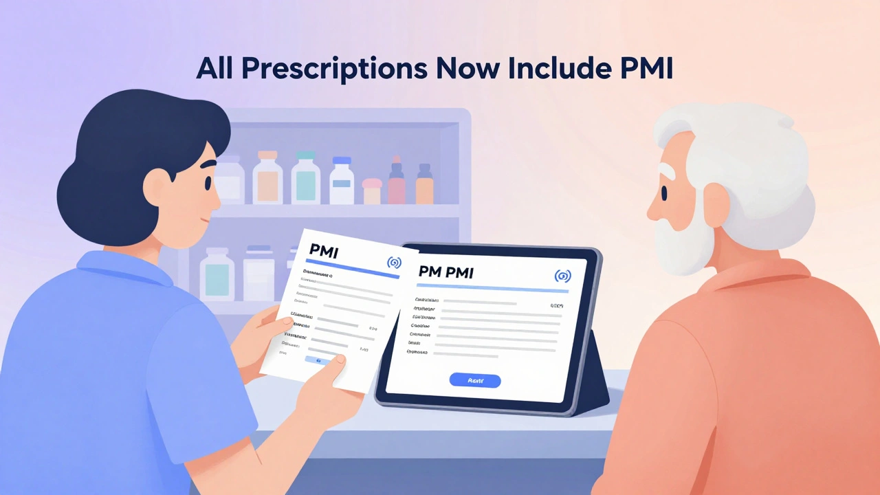 Pharmacist giving a printed PMI to an elderly patient while a digital version displays on a tablet.