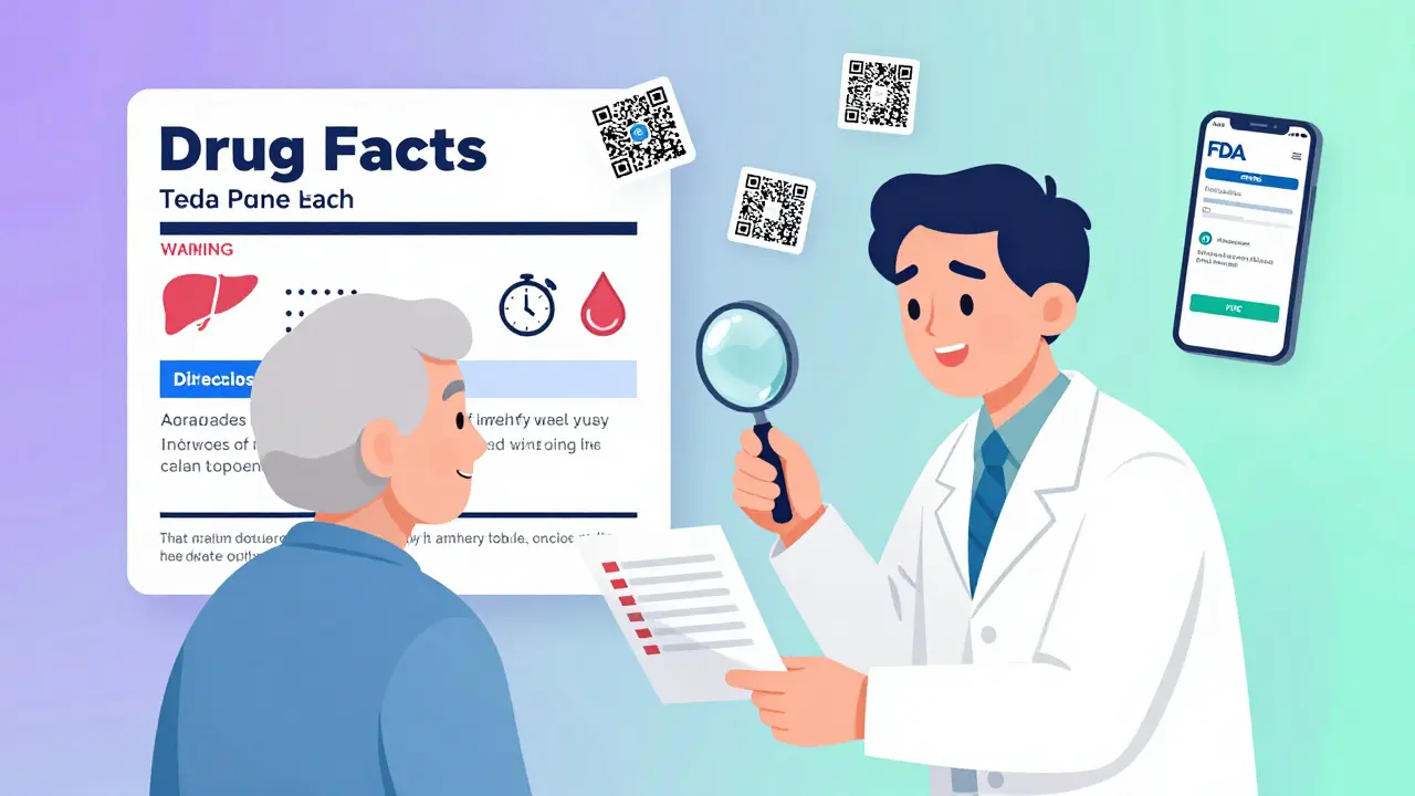 Pharmacist helping elderly patient understand color-coded OTC label with app and QR codes visible.