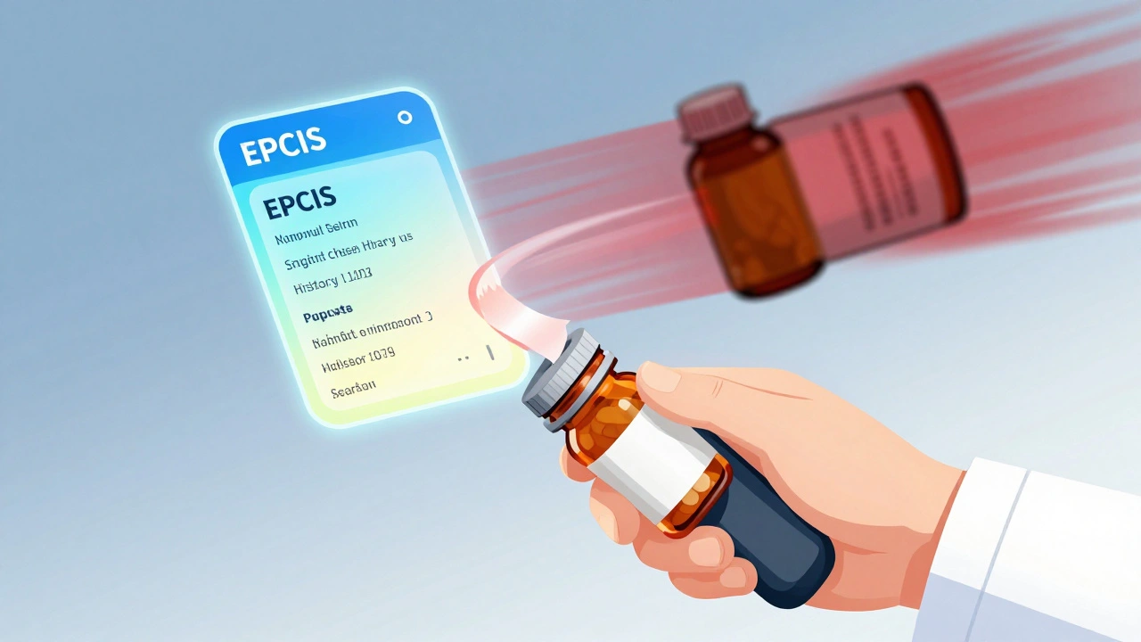 Pharmacist scans a pill bottle as digital verification data glows above, rejecting a counterfeit.