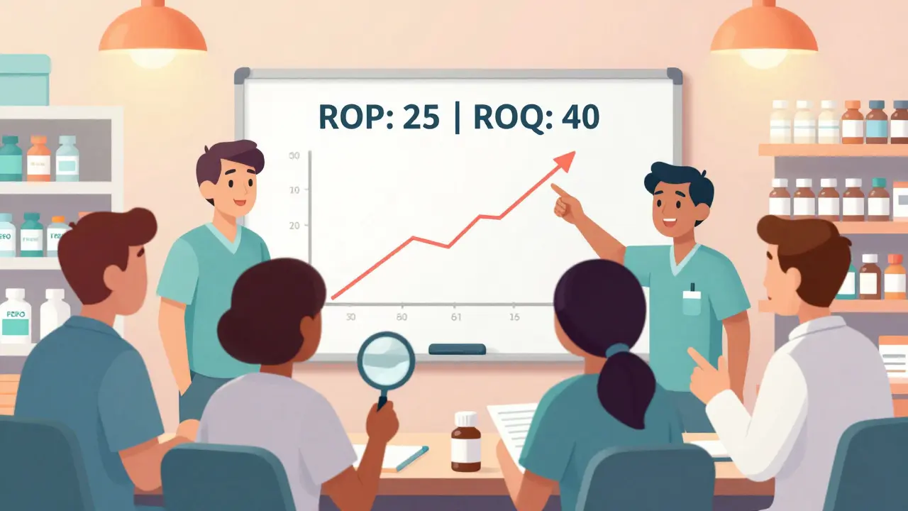 Pharmacy team reviewing inventory rules at a whiteboard with rising sales graph and expiry labels