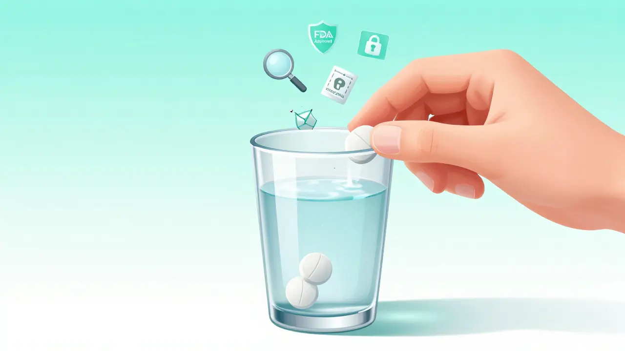 Pill dissolving in water with FDA approval icons floating above, showing authenticity and safety.