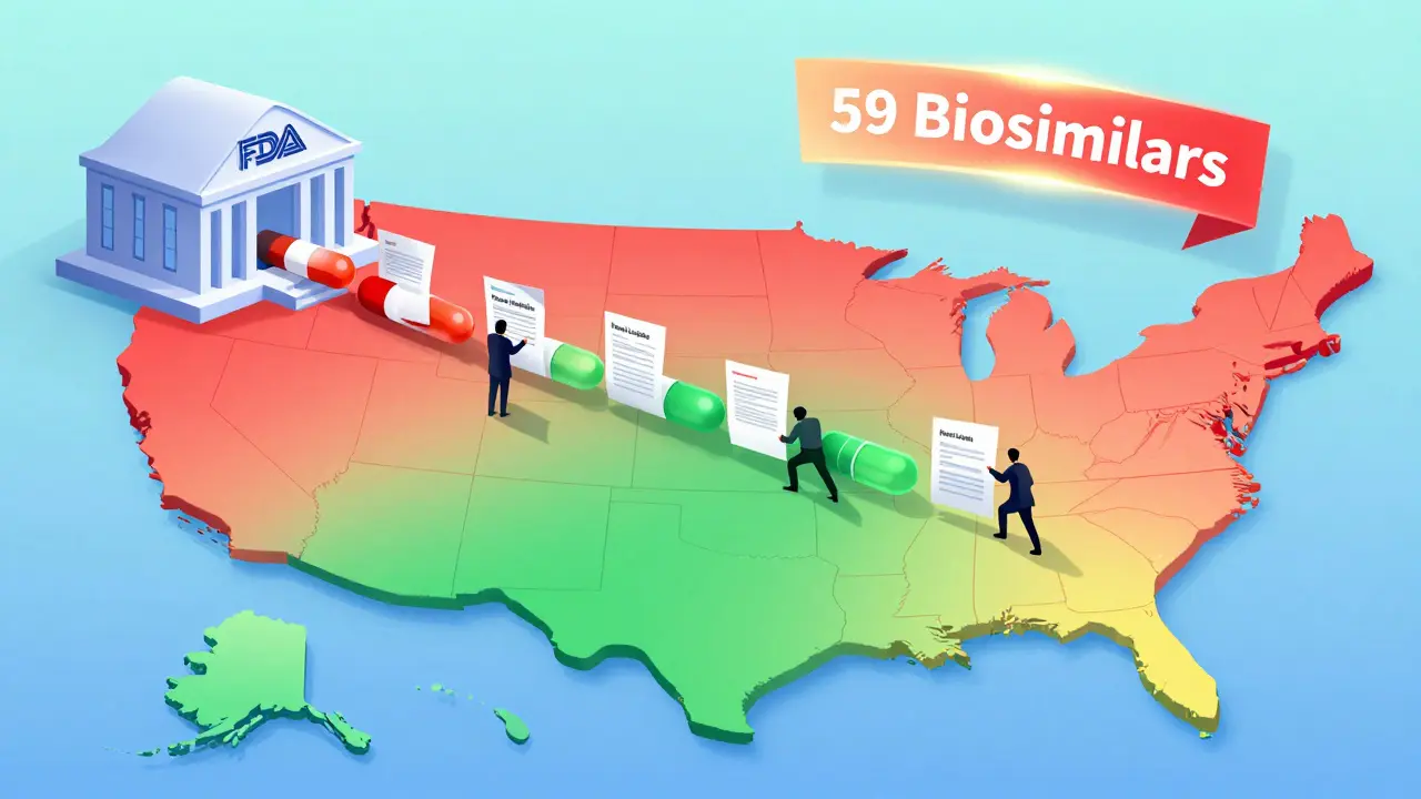 Pills flowing from FDA to U.S. map with color gradients showing savings, blocked by legal barriers.