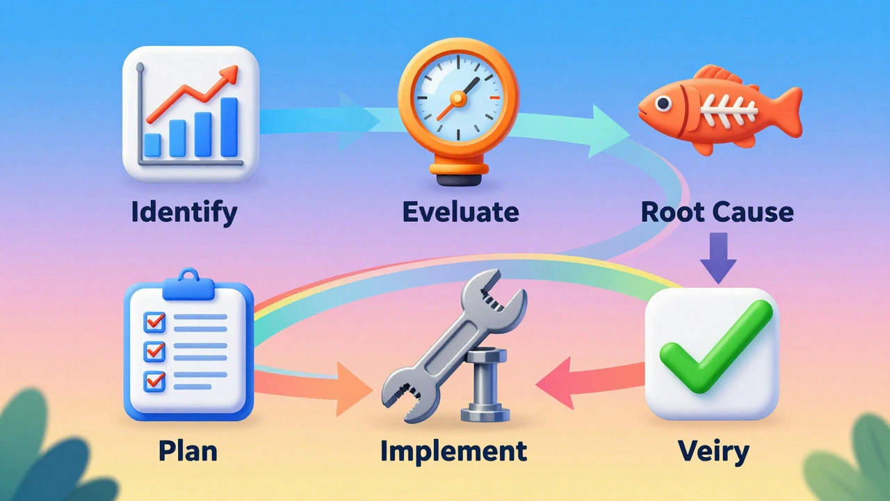 Six-step corrective action process illustrated as a colorful path with icons in a stylized factory environment.