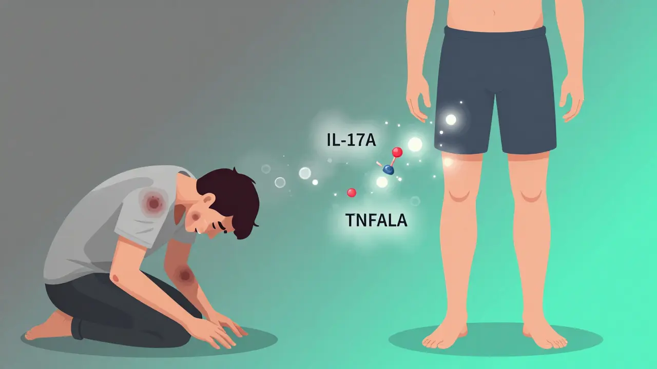 Split illustration: one side shows pain and lesions, the other shows healing and clear skin with biologic molecules neutralizing inflammation.
