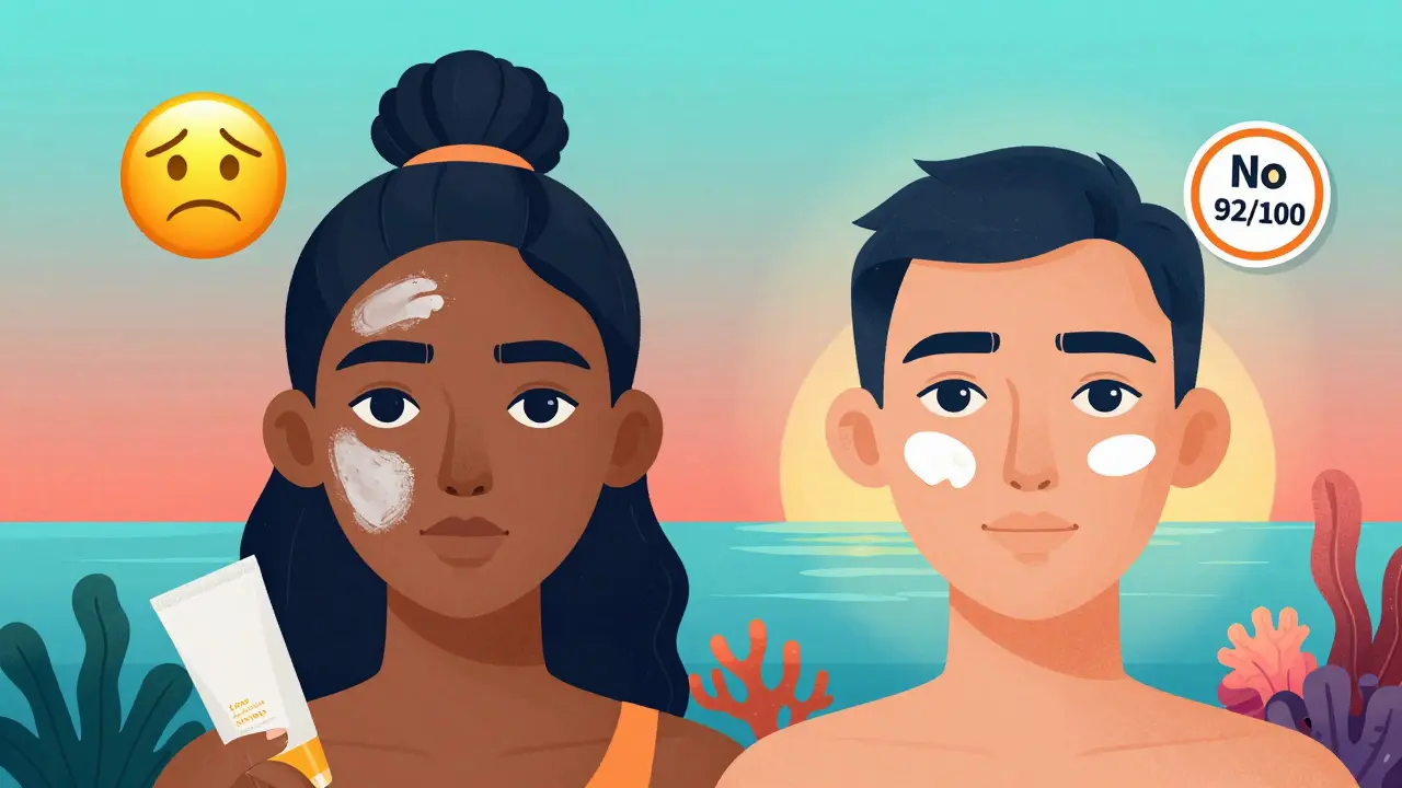 Split image: mineral sunscreen leaving white cast vs. chemical sunscreen absorbing invisibly with coral reef protection.