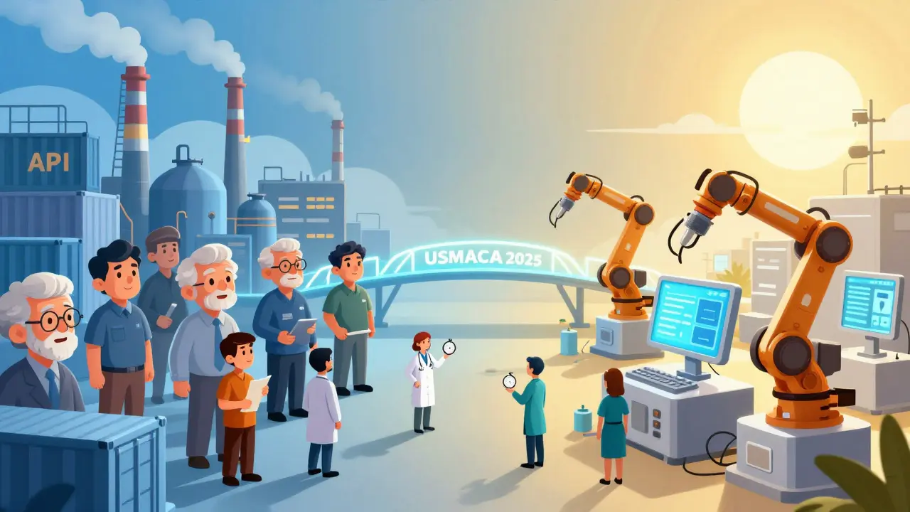 Split scene: aging Asian drug factory versus modern Mexican plant, connected by a glowing trade bridge.