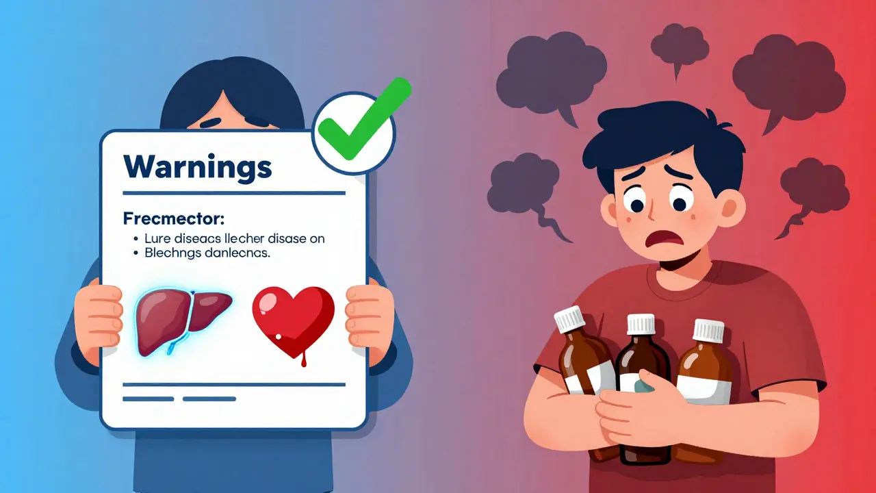 Split scene: one person safely reading drug warnings, another ignoring them with danger symbols above.