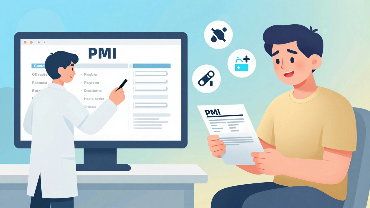 Split scene: pharmaceutical designer creating a PMI and a patient reading it at home with relief.
