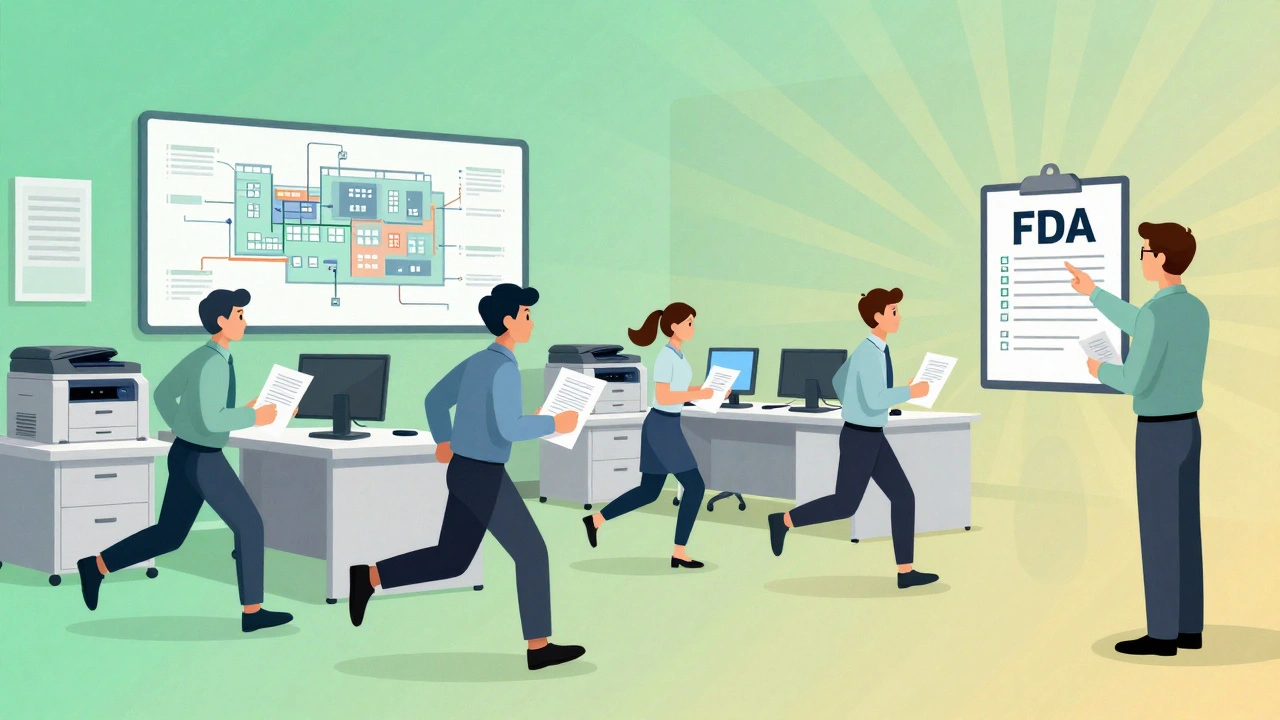 Staff conducting a mock FDA inspection in a prepared support room