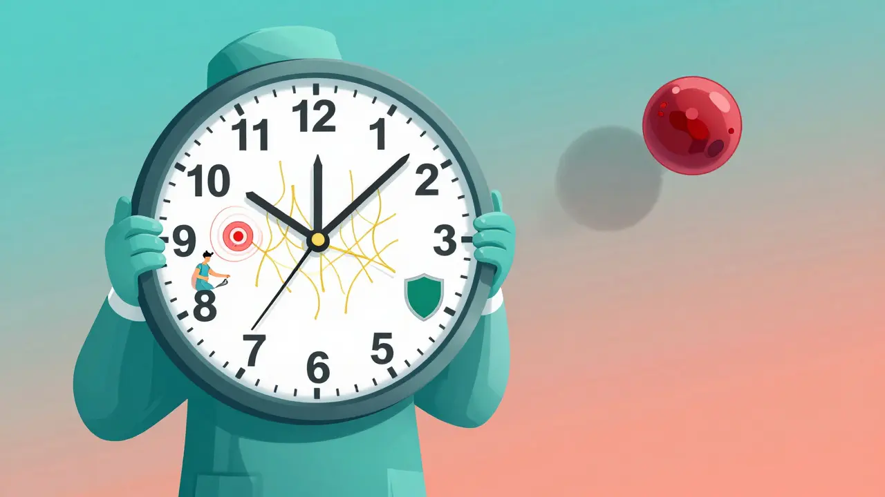 Surgeon holding a clock marked with healing days, sirolimus molecule hovering near day 7 in a gradient-colored scene.