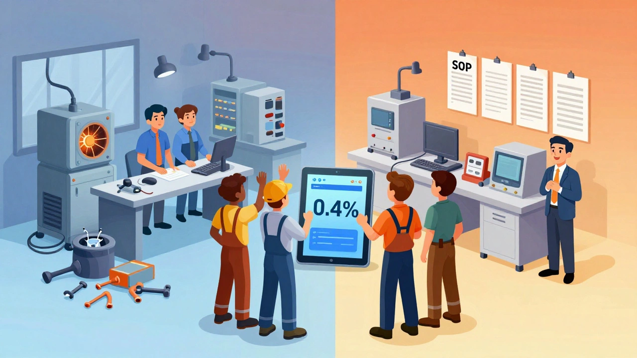 Team celebrating reduced defect rates with a before-and-after split scene of factory chaos and order.