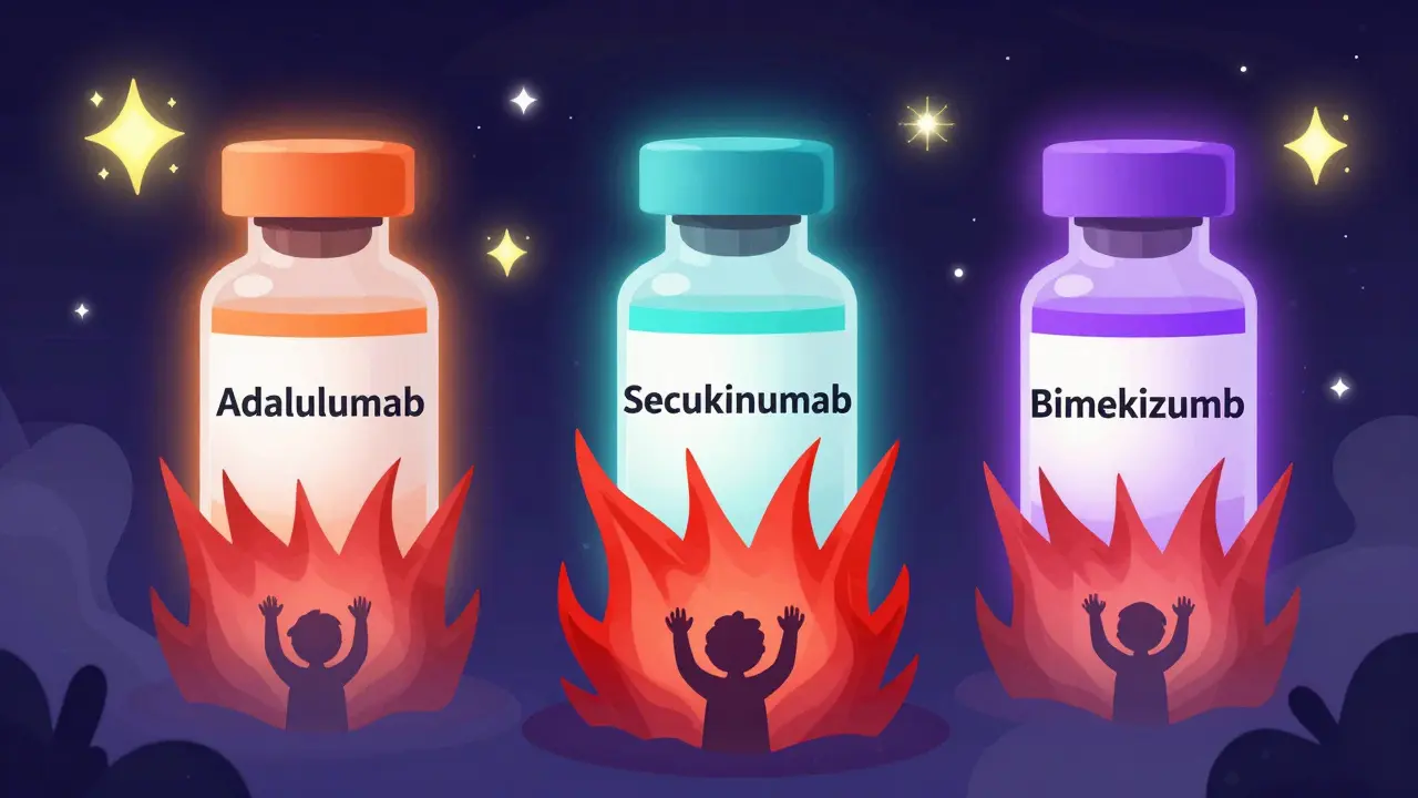 Three biologic medications floating with glowing auras, blocking inflammation waves, while patients below experience relief.