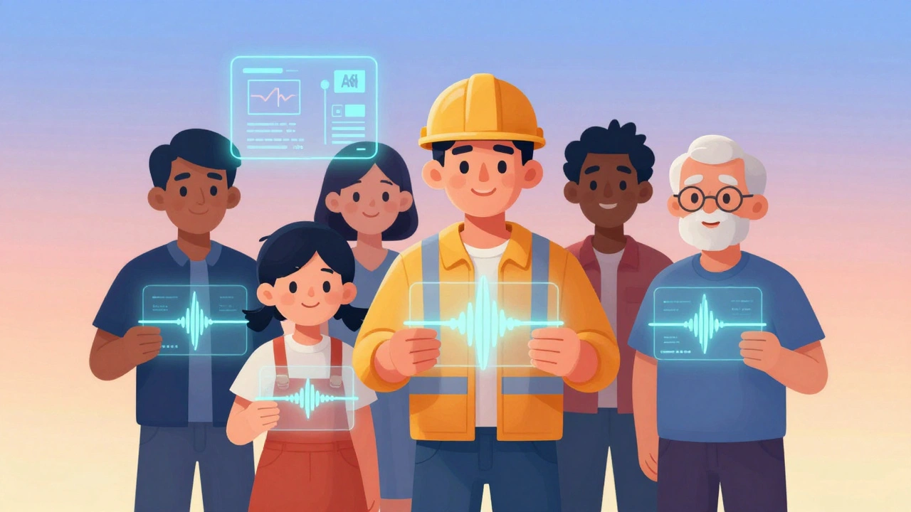 Three people holding glowing audiograms showing different hearing loss patterns, with a soft gradient sunset and digital analysis in the background.