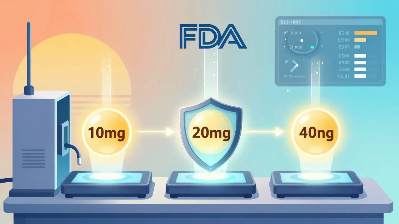 Three tablet batches of different strengths produced by one machine, connected by data streams to an FDA shield.