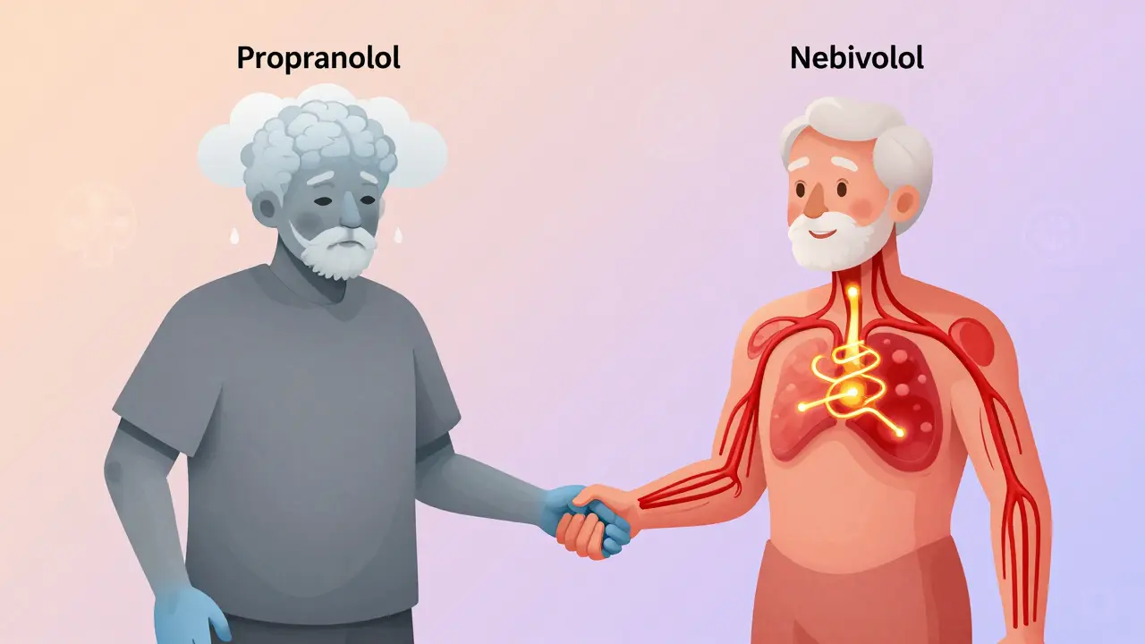Two elderly patients comparing side effects of beta-blockers: one fatigued, one energized with glowing blood flow and nitric oxide spirals.