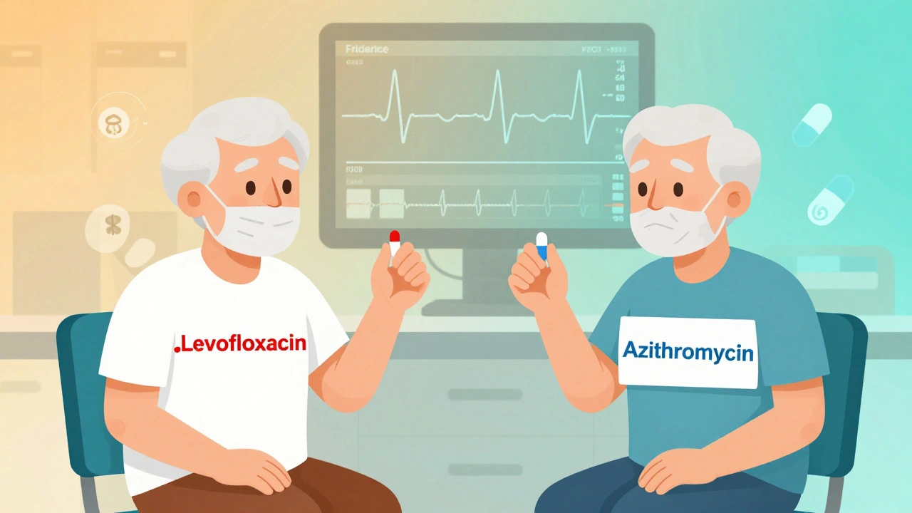 Two elderly patients side by side, one with a dangerous red QT line, the other with a safe blue one, in a clinic setting.