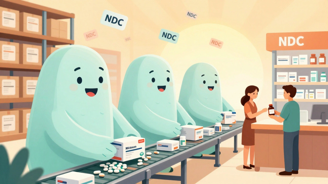 Wholesalers passing generic pills to a pharmacy, with a patient receiving them, illustrated in warm gradient colors.