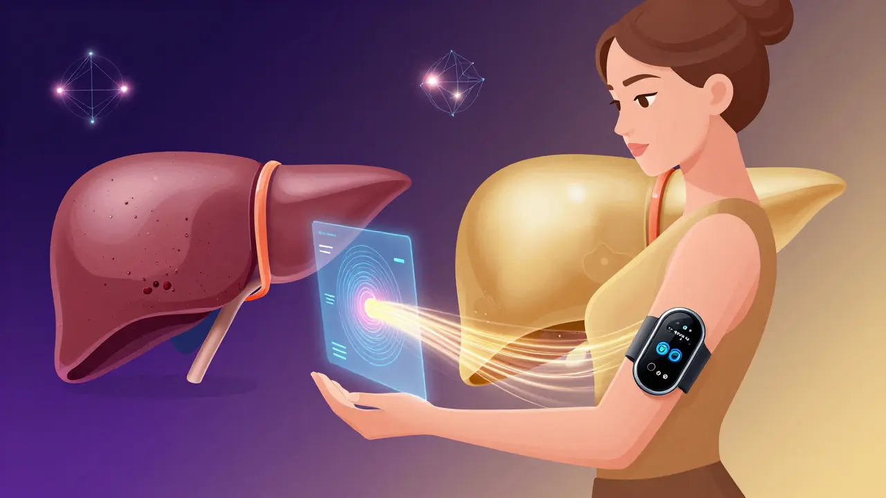 Woman wearing smart band emitting pressure data hologram, split liver comparison with healing gradients in background.