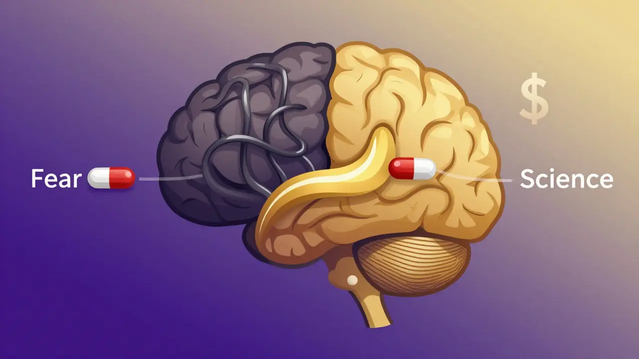 A brain with two paths showing fear versus science in drug perception.
