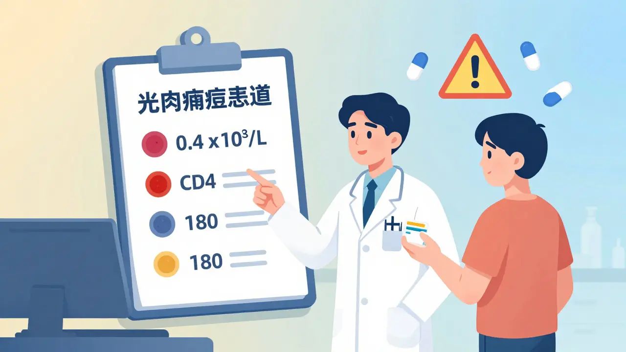 A doctor points to a blood test showing low CD4 and lymphocyte counts, with immunosuppressant icons forming a warning above a patient.