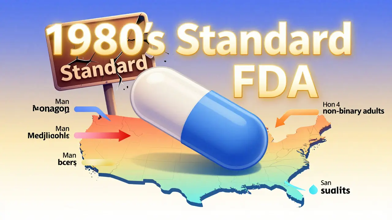 A generic pill above a U.S. map with personalized dose streams for different demographics and fading outdated guidelines.