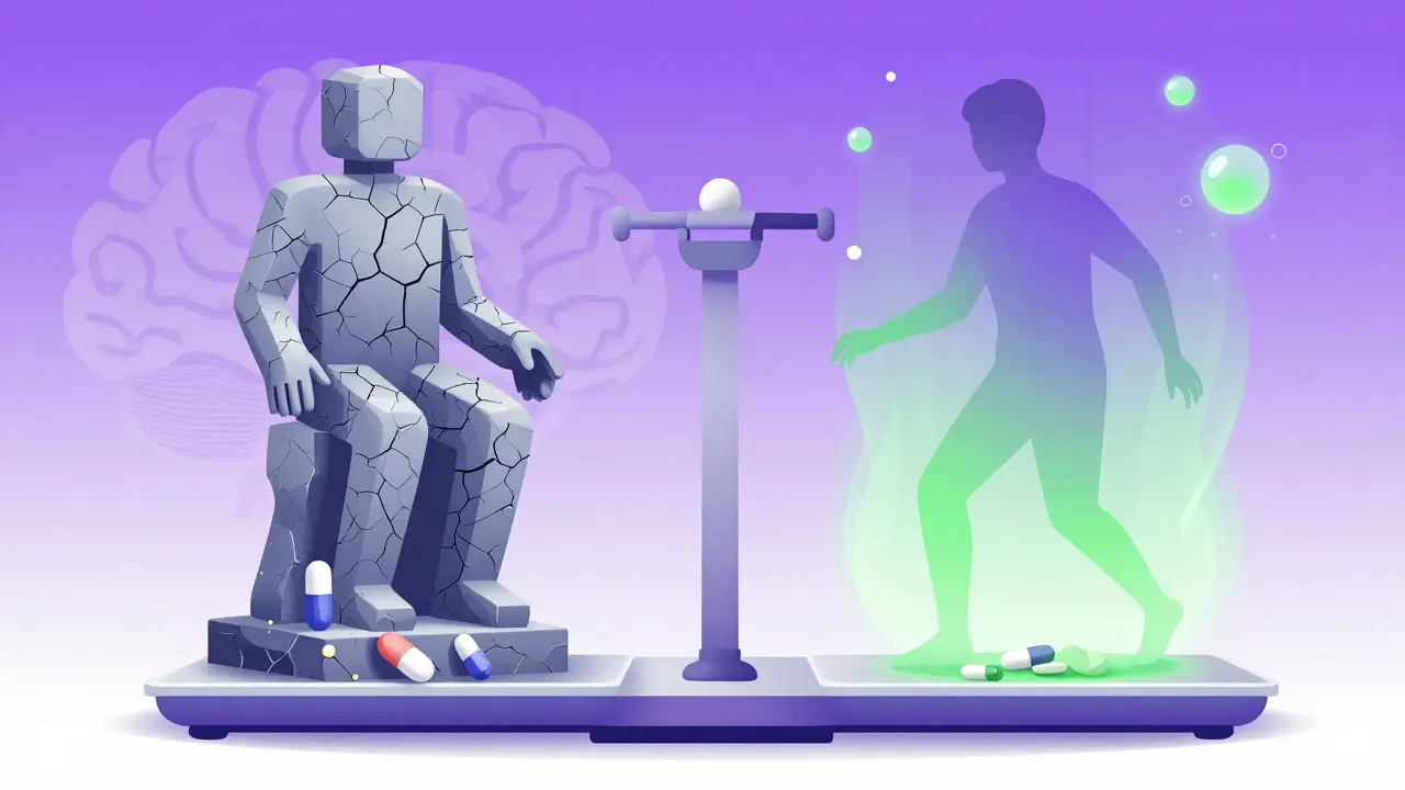 A medical scale contrasts dangerous antipsychotics freezing movement with safer ones restoring motion.