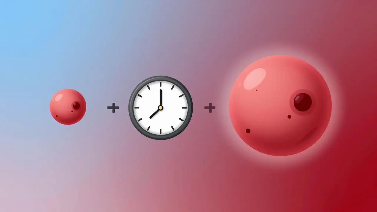 A mole changing over time—from small and normal to larger and bleeding, with a fading clock.