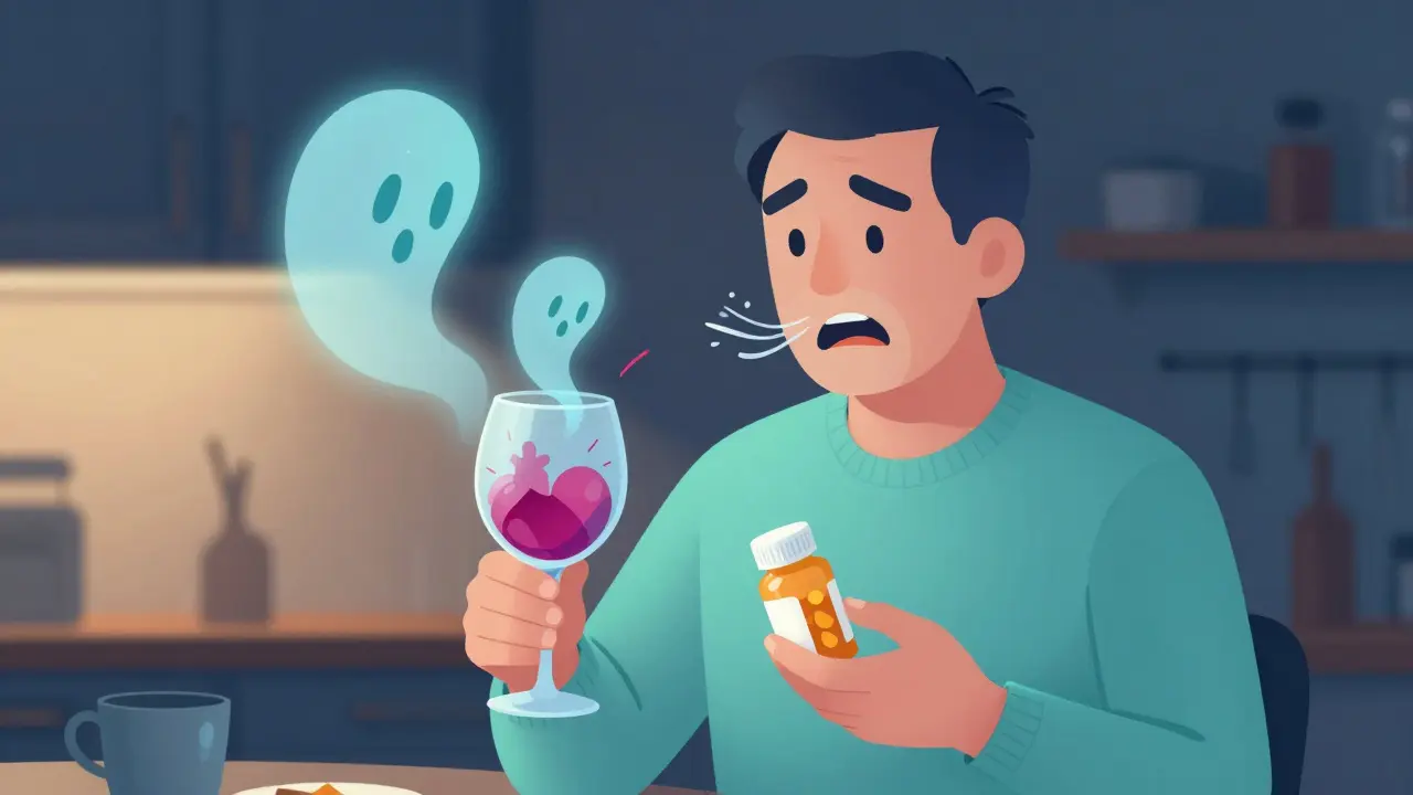 A person holding wine and pills, with ghostly images of vomiting, slowed breathing, and racing heart emerging from the drink.