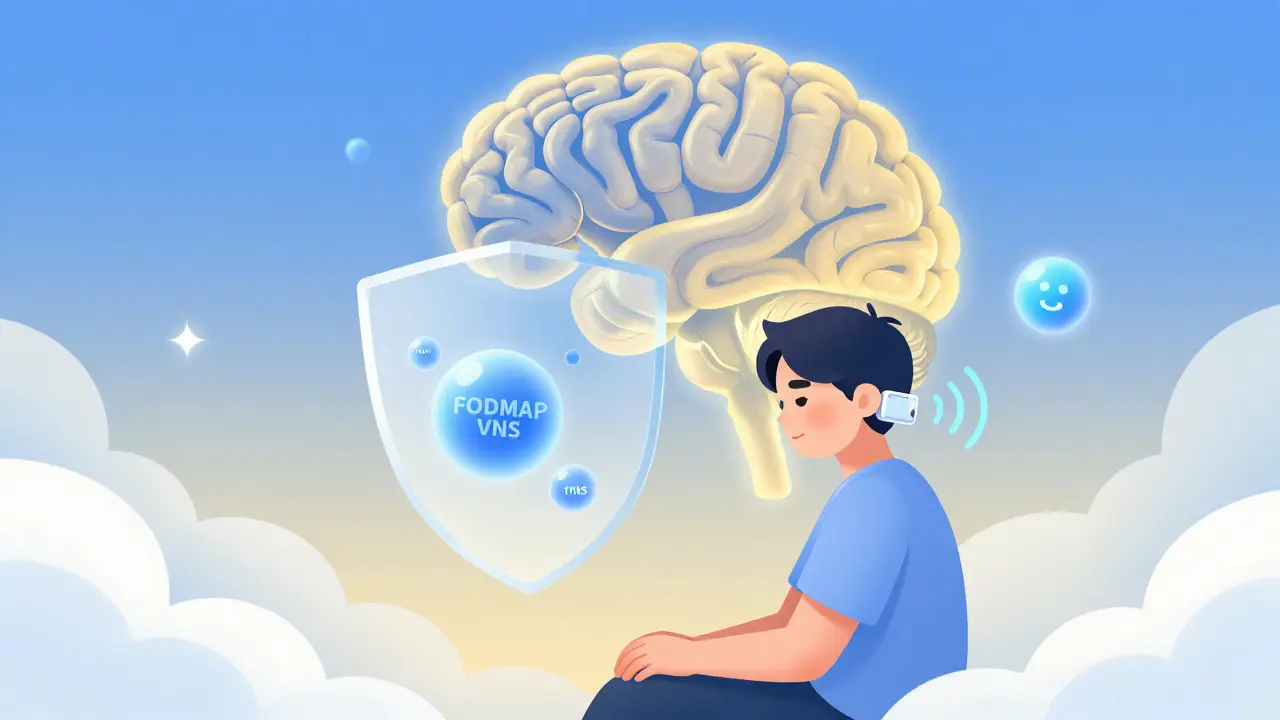 A person uses a wearable device behind the ear while a calm gut-brain axis glows with soothing gradients.