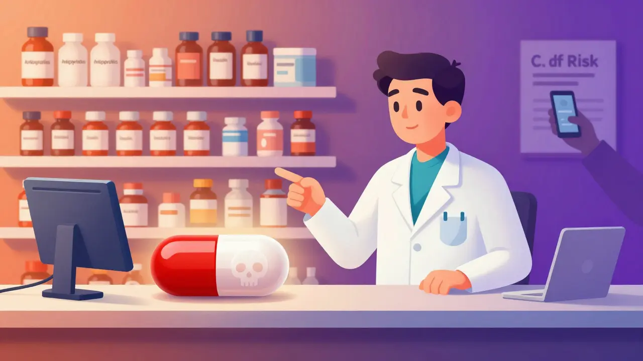 A pharmacist comparing a real pill with a counterfeit fentanyl pill at a pharmacy counter, shelves labeled with high-risk drugs.