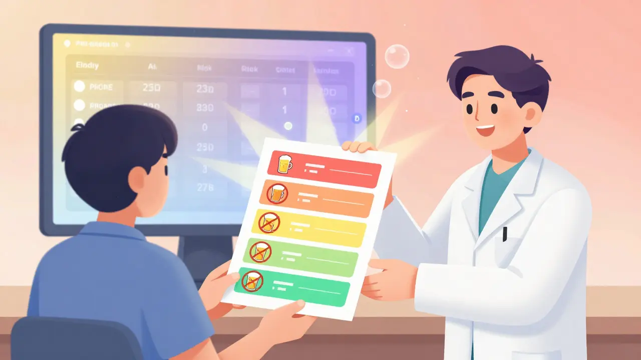 A pharmacist giving a patient a color-coded chart with pictograms showing alcohol risks, digital risk calculator visible in background.