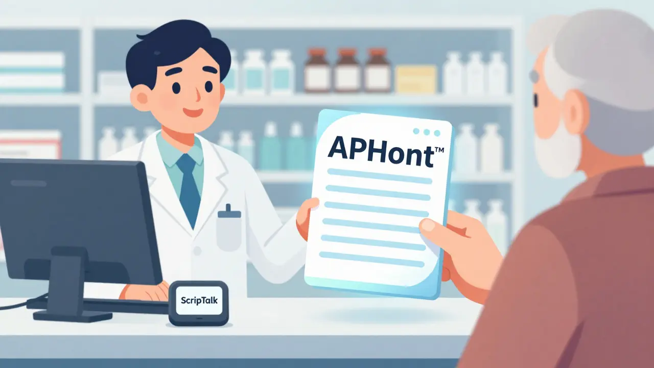 A pharmacist handing a large print label to an older patient, with an audio device nearby on the counter.