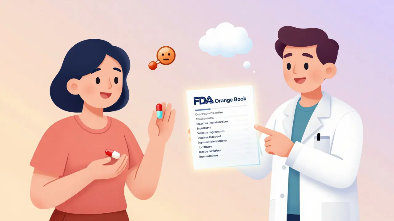 A pharmacist showing a patient the inactive ingredients in a generic medication.