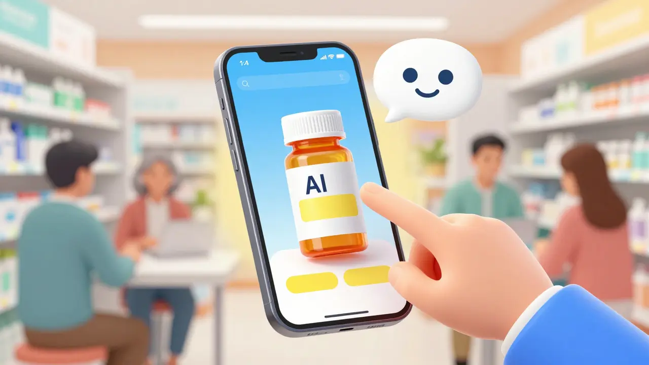 A smartphone app scanning a prescription bottle, with a voice bubble indicating audio reading, no text visible.