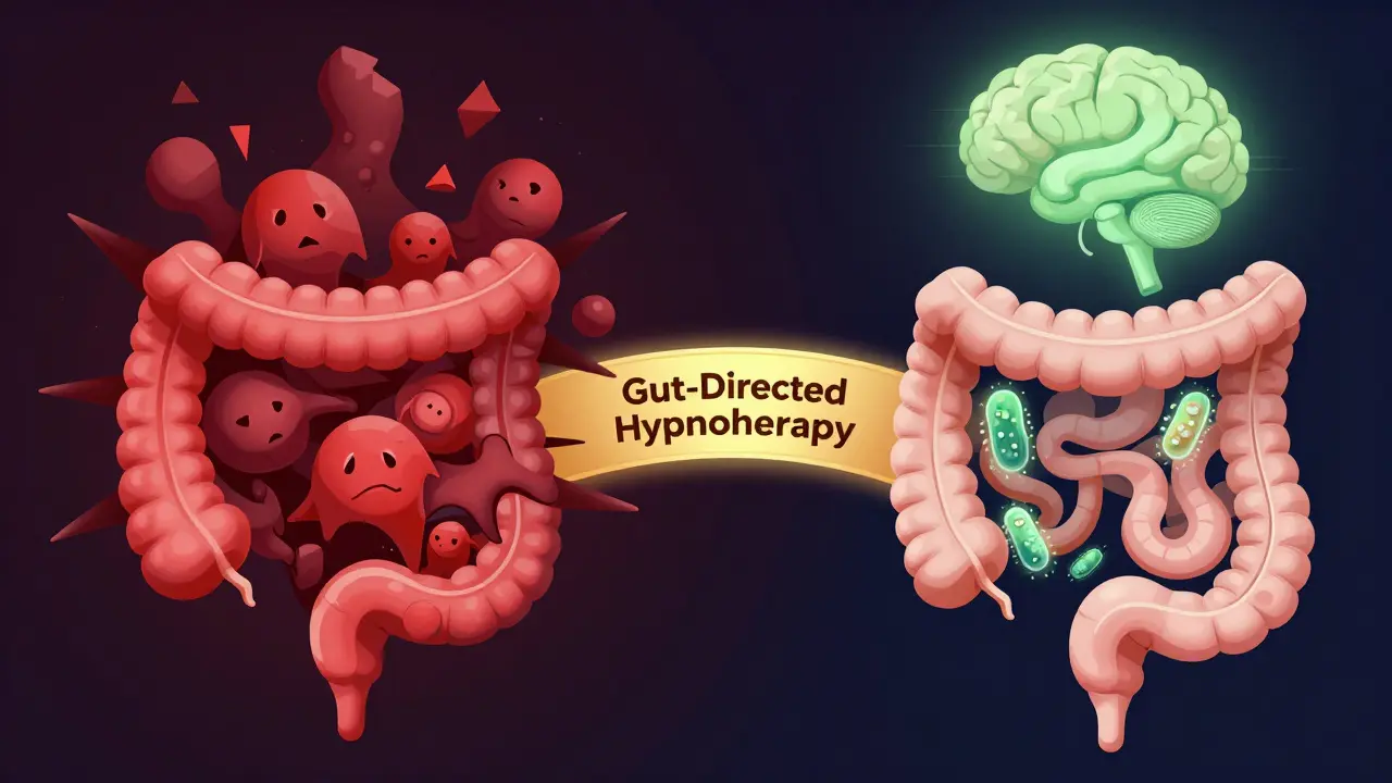 A split image contrasts chaotic IBS symptoms with a balanced gut, connected by a glowing hypnotherapy bridge.