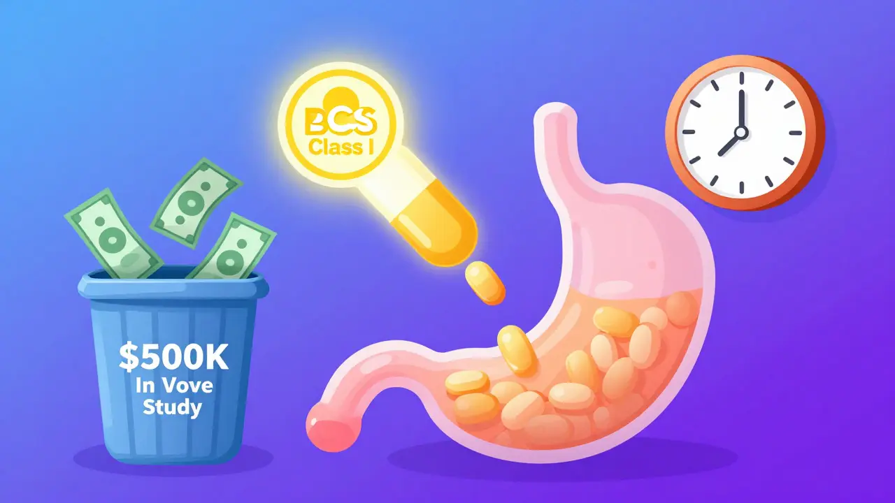 A tablet dissolving into a BCS Class I icon as dollar bills disappear from a trash bin.