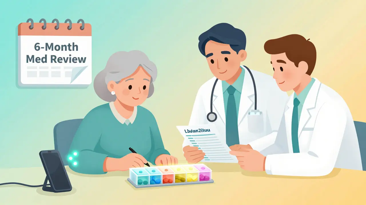 An elderly woman using a pill organizer with alarms, supported by a doctor and pharmacist reviewing her medication list.