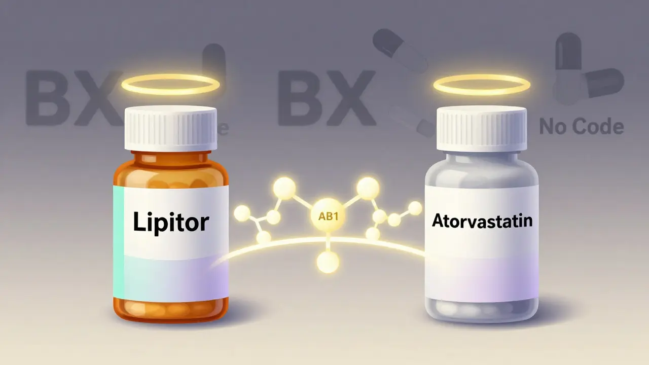 Brand and generic pills connected by a glowing bridge with AB1 equivalence code.