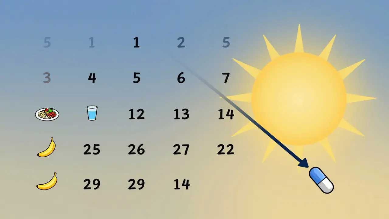 Calendar showing 14 days with food, water, banana, and probiotic icons, diarrhea graph fading into sunrise