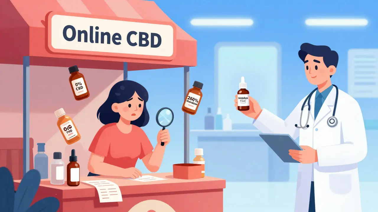 Chaotic CBD marketplace with misleading products contrasted against a clean medical clinic offering regulated Sativex spray.