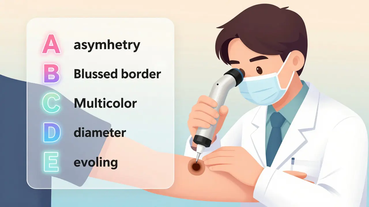 Dermatologist examining a mole with a dermoscope, ABCDE checklist glowing beside it.