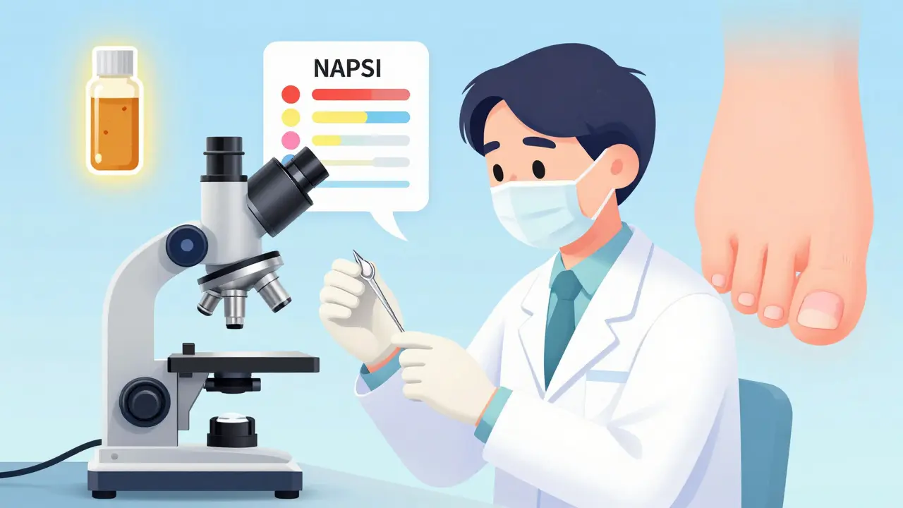 Dermatologist examining a nail sample under a microscope with glowing test solution and diagnostic chart nearby.