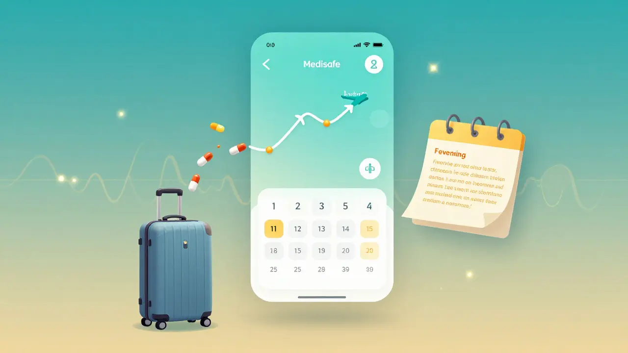 Digital app syncing flight time zones with pills dropping correctly on a suitcase.