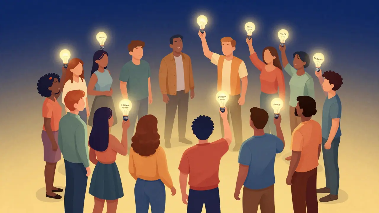 Diverse group holding light bulbs with empowering phrases, background fades from blue to gold.