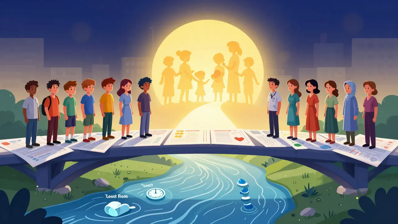 Diverse patients on a bridge of medical forms, with a glowing path to sunrise and families holding babies below.