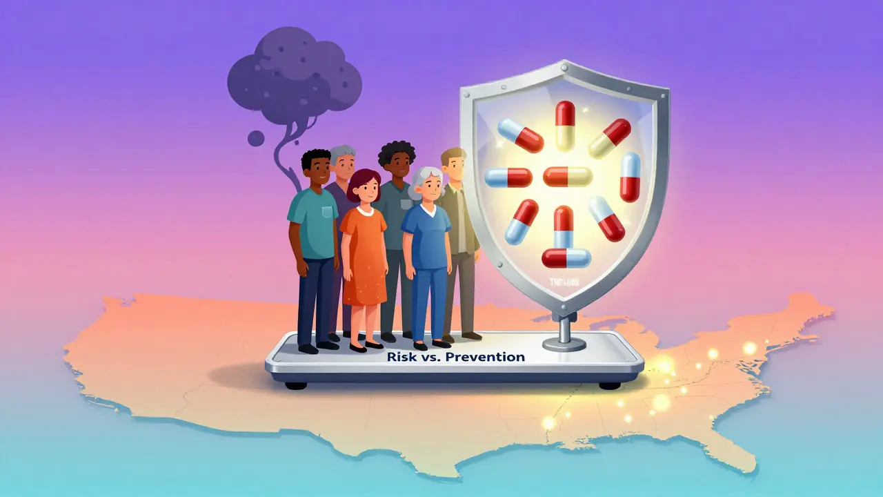 Diverse patients stand on a scale between a fungal threat and a protective shield of prevention pills, against a gradient U.S. map background.