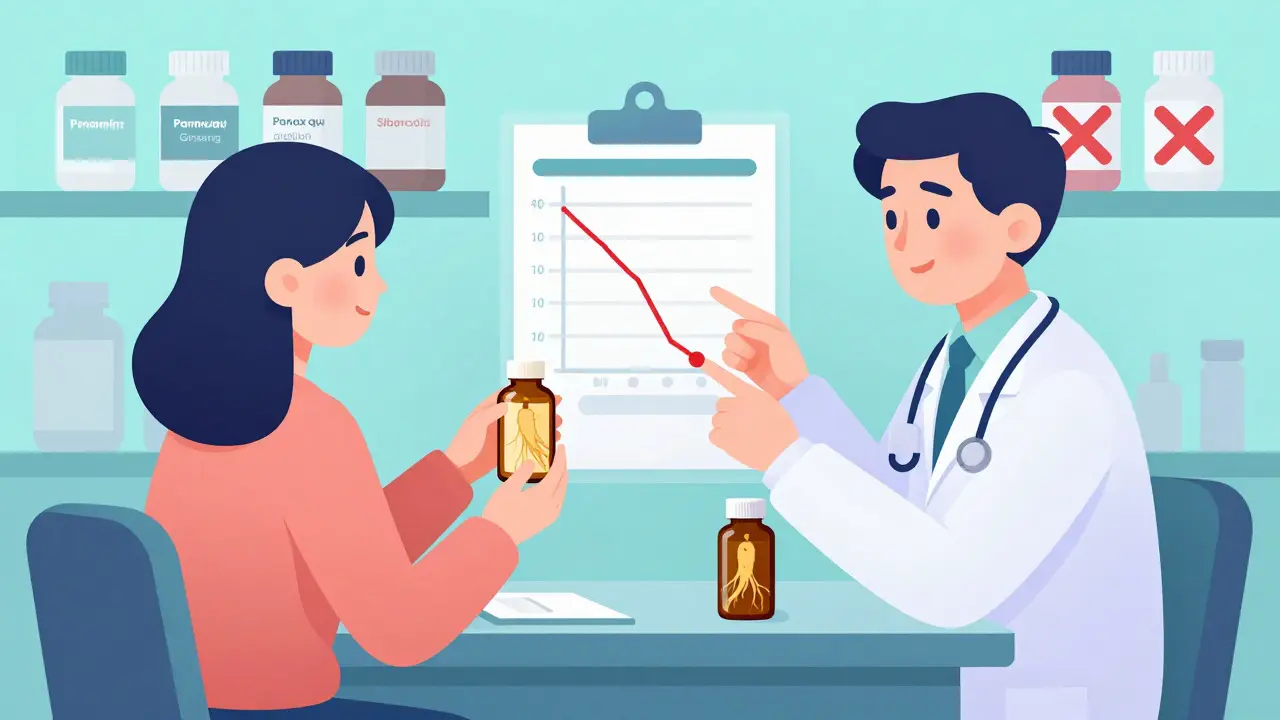 Doctor and patient reviewing blood sugar chart with ginseng supplement bottles on wall.