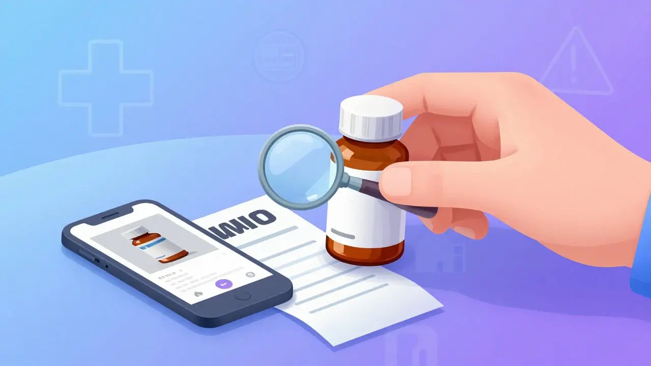 Hand placing wrong pill bottle and prescription side by side with photo evidence on table.