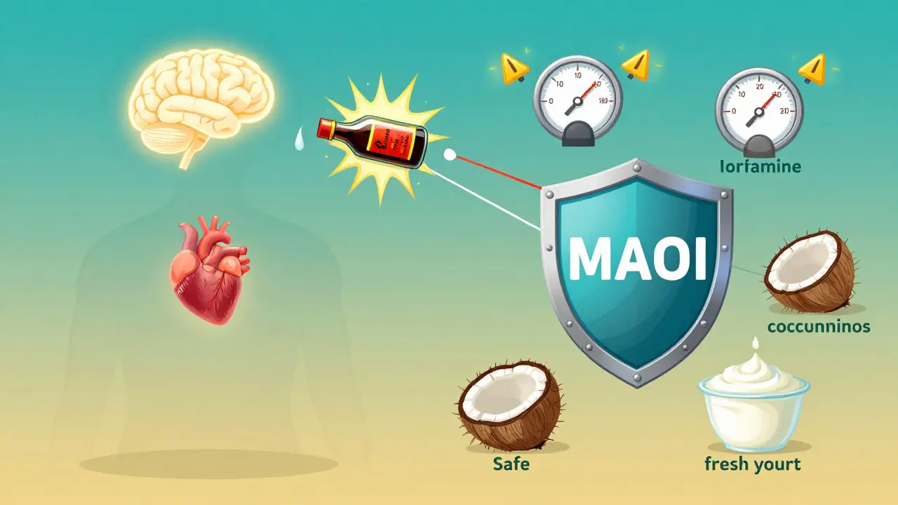 Human body with tyramine-triggered blood pressure surge, shielded by MAOI, surrounded by safe alternatives.